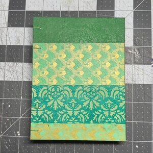 Green and Gold handmade paper covered journal. Hand Sewn Notebook Made in Alaska